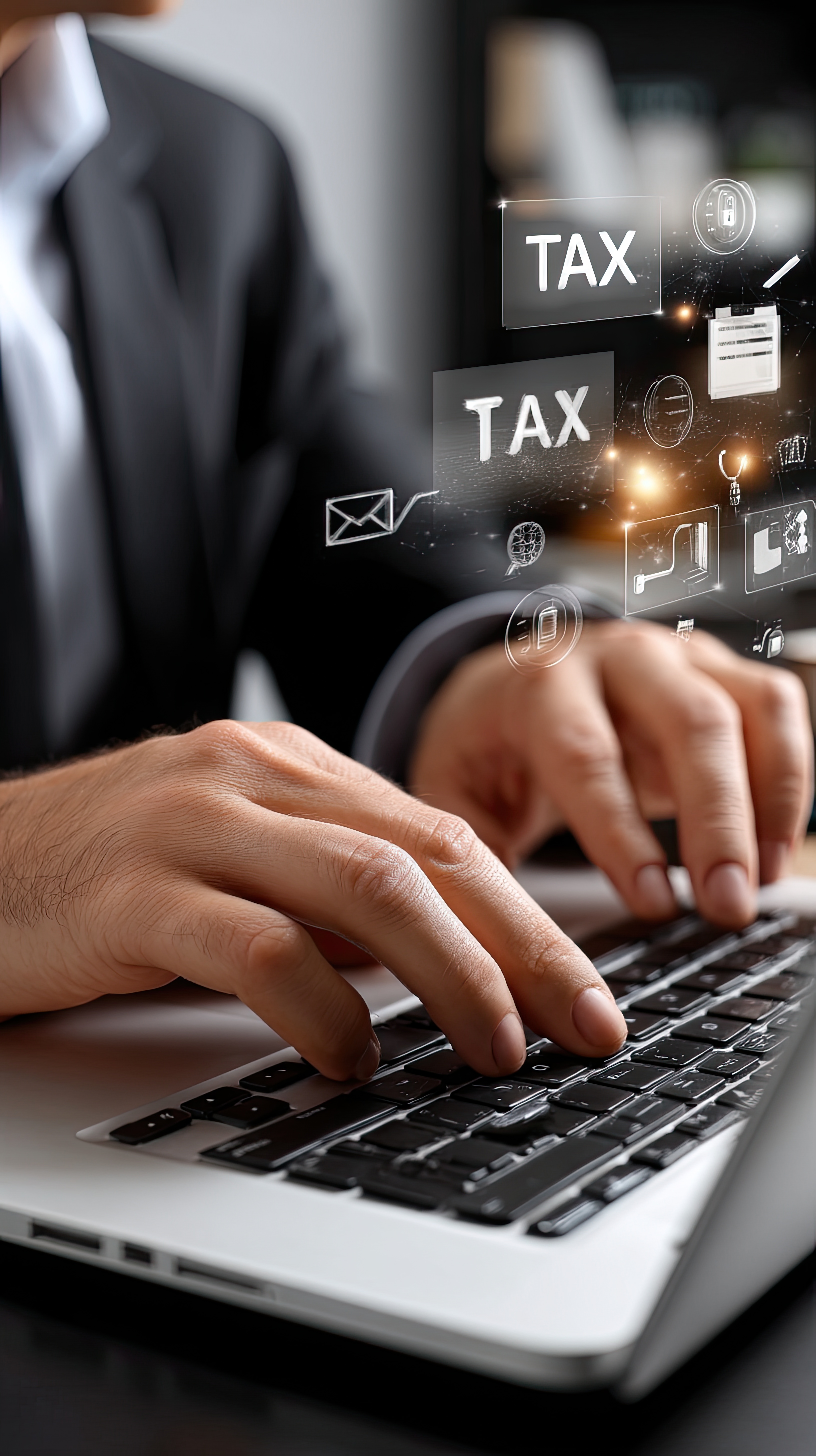 CPA typing tax documents on a laptop with a digital financial interface