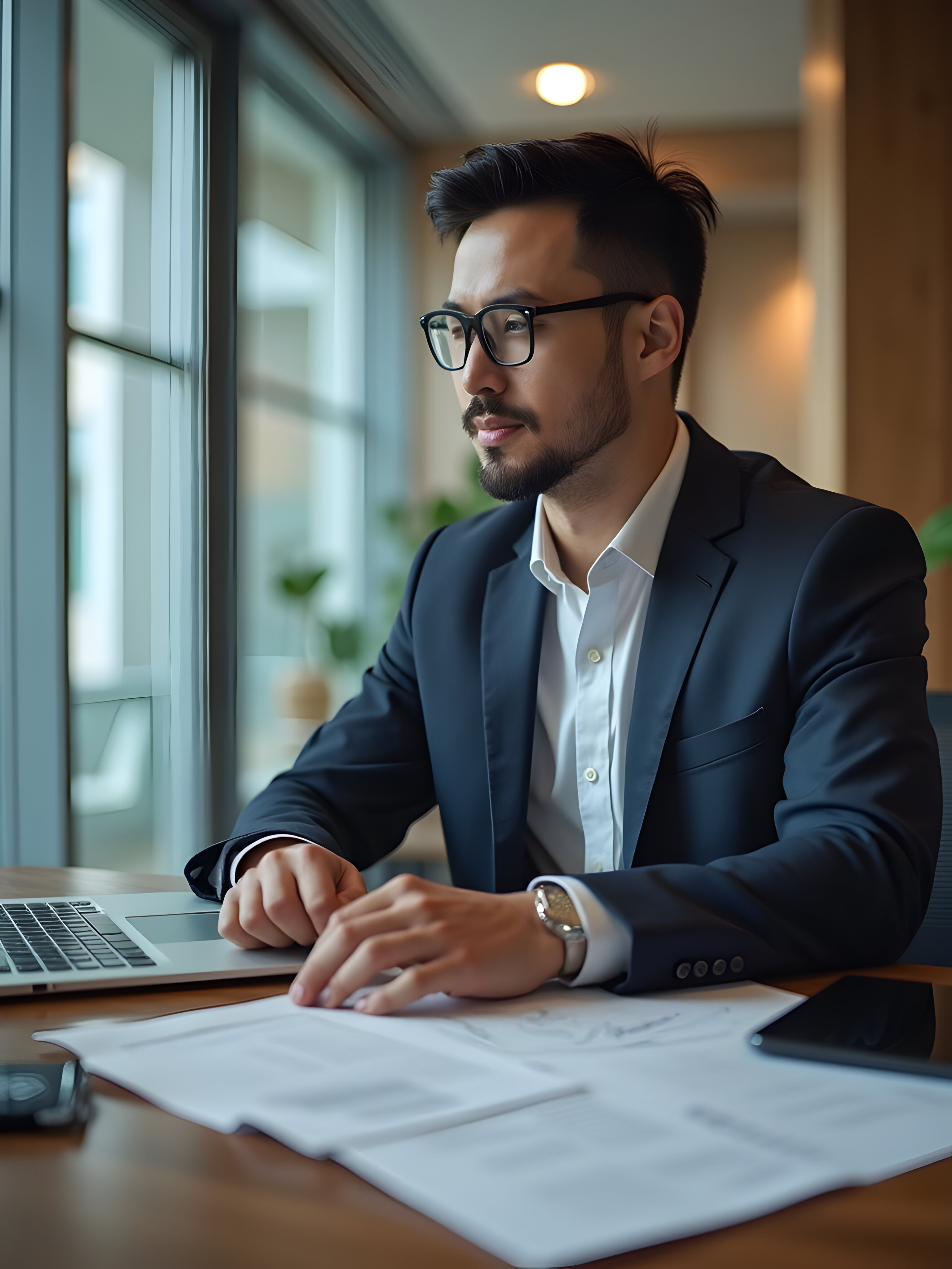 Tax advisor reviewing financial documents and working on a laptop in a modern office