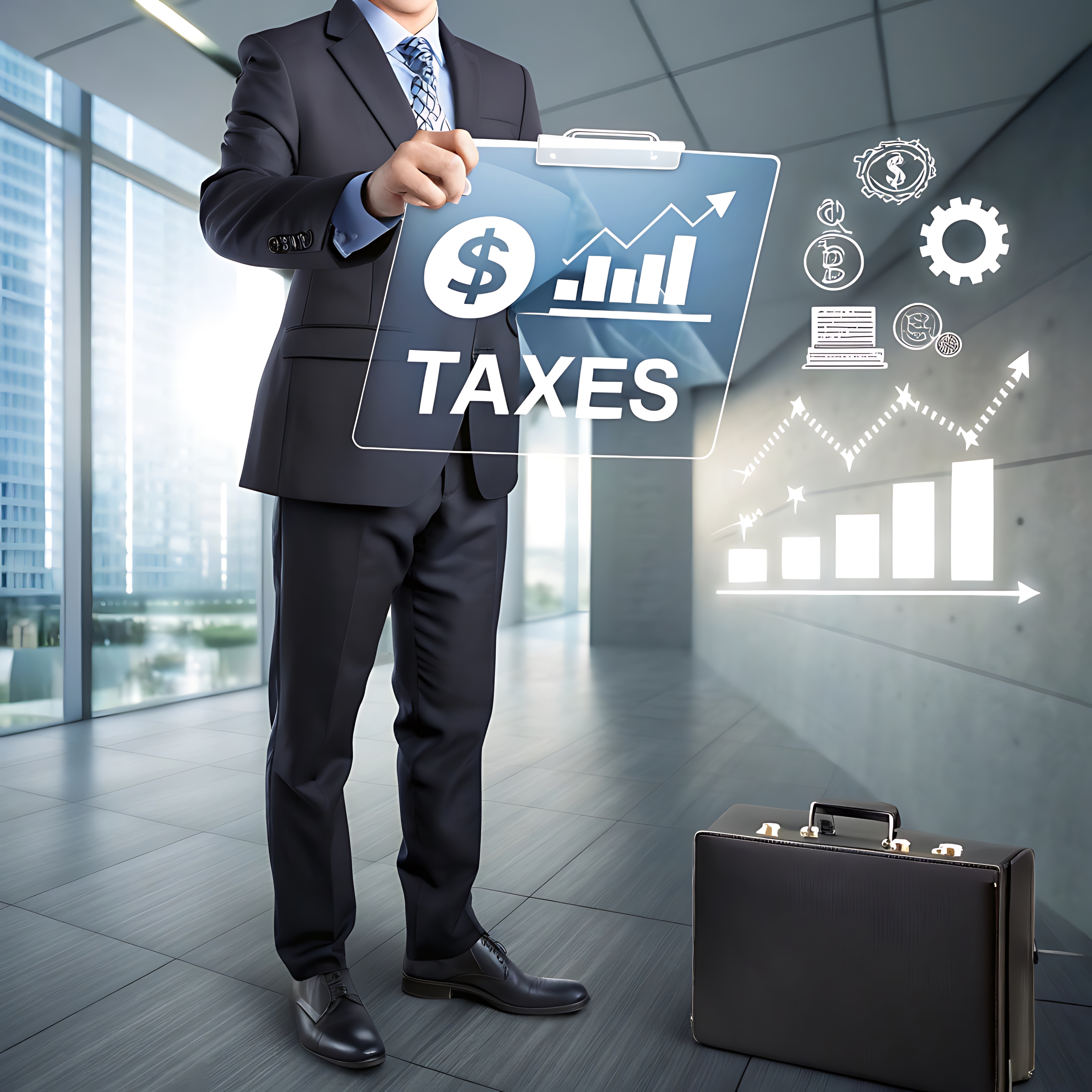 Business professional presenting tax analytics and financial growth charts in a corporate office